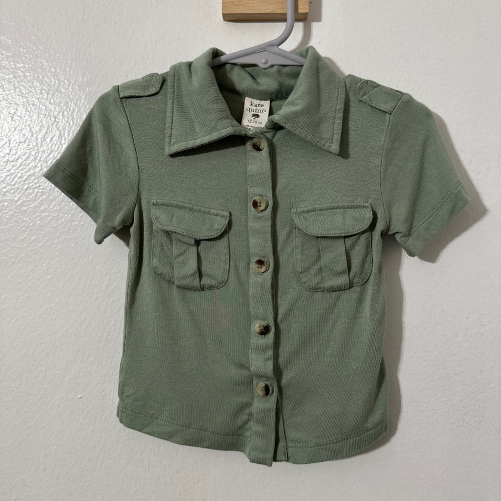 Kate Quinn Boys Short Sleeve Button Down Collared Shirt 12-18 Mo Viscose Green